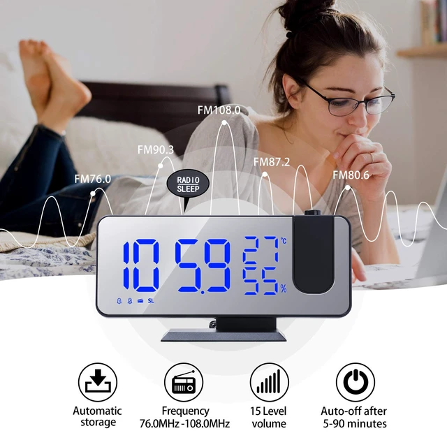 Alt view image 3 of 7 - Projection Alarm Clock Radio Digital Alarm Clock, Black-Blue 4 Dimmer, 180° Rotatable, 2 Sounds, 7.4'' Large Mirror Display