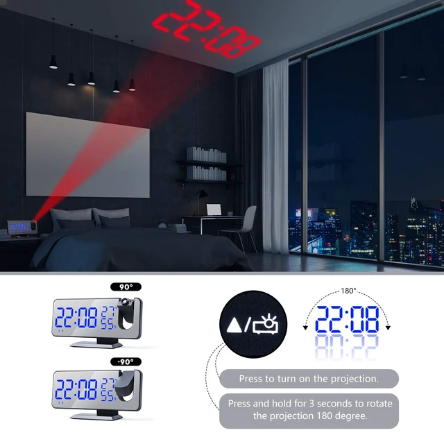 Alt view image 6 of 7 - Projection Alarm Clock Radio Digital Alarm Clock, Black-Blue 4 Dimmer, 180° Rotatable, 2 Sounds, 7.4'' Large Mirror Display