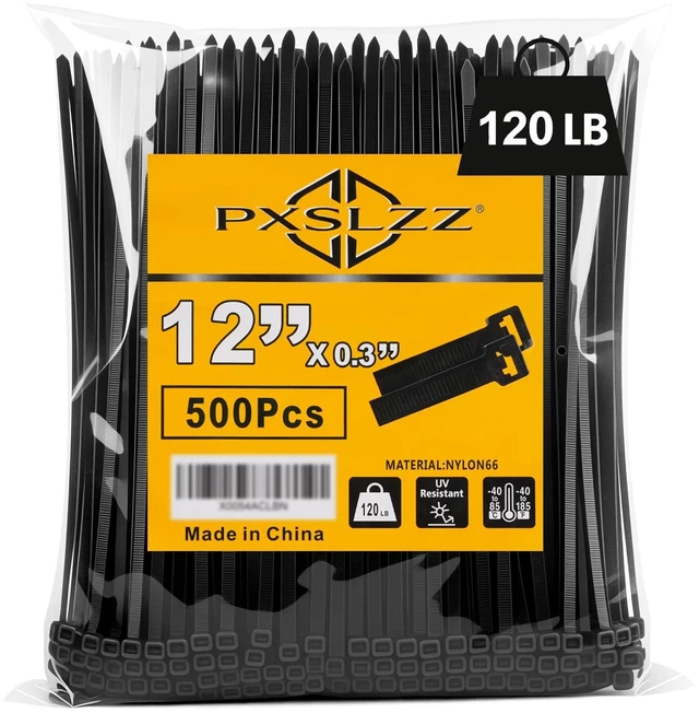 Main image of 12 Inch Zip Ties, 120LBS,0.3In Thick, 500Pack,Black Cable Ties Self-Locking,Premium Nylon 66,120LBS Tensile Strength,UV&Weather Resistant,Indoor Outdoor General Use