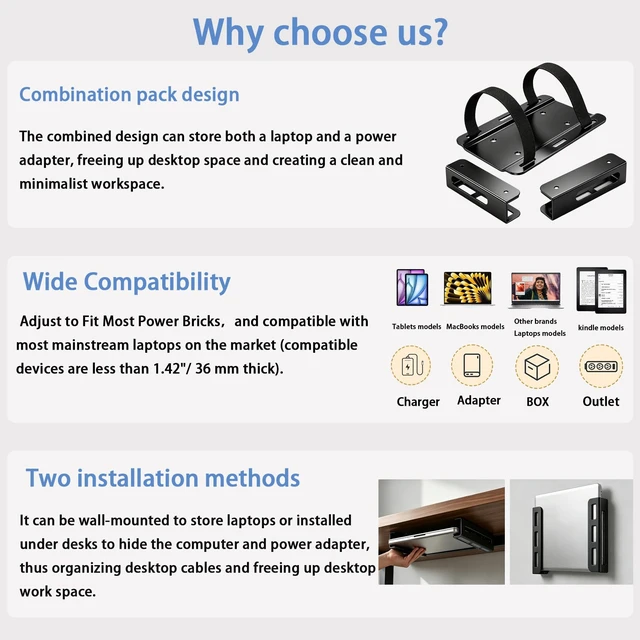 Alt view image 2 of 7 - Universal Wall & Under Desk Laptop Mount and Charger Holder for most laptops as MacBooks, Surface,Tablets, and 100W or Higher Chargers, with Adhesive, Screws, Anti-Scratch Pads