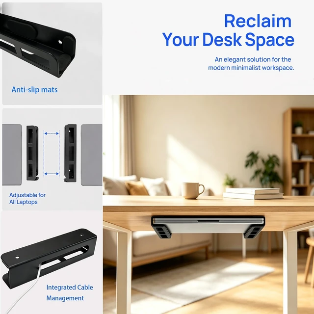 Alt view image 3 of 7 - Universal Wall & Under Desk Laptop Mount and Charger Holder for most laptops as MacBooks, Surface,Tablets, and 100W or Higher Chargers, with Adhesive, Screws, Anti-Scratch Pads