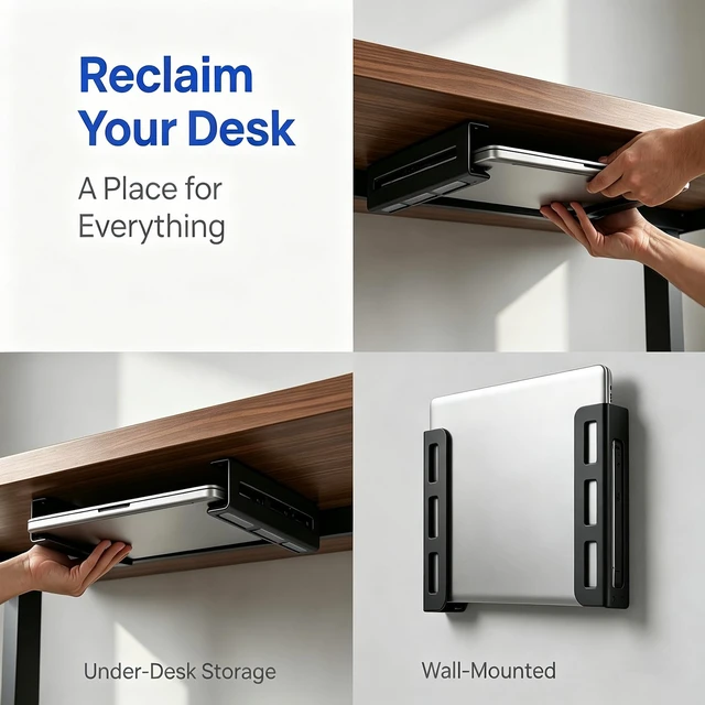 Alt view image 6 of 7 - Universal Wall & Under Desk Laptop Mount and Charger Holder for most laptops as MacBooks, Surface,Tablets, and 100W or Higher Chargers, with Adhesive, Screws, Anti-Scratch Pads