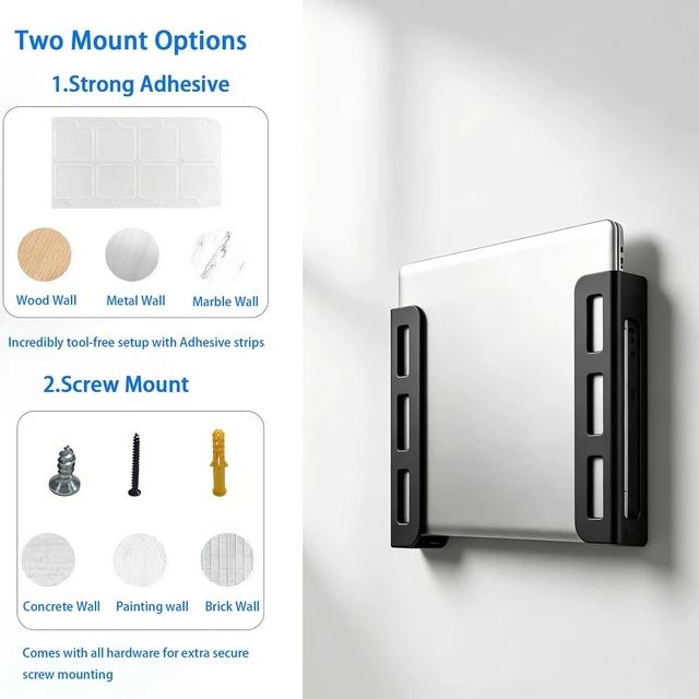 Alt view image 7 of 7 - Universal Wall & Under Desk Laptop Mount and Charger Holder for most laptops as MacBooks, Surface,Tablets, and 100W or Higher Chargers, with Adhesive, Screws, Anti-Scratch Pads