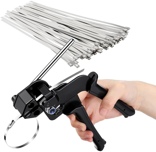 Main image of Professional Metal Zip Tie Tool Kit with 100 Stainless Steel Zip Ties - 11.8 Inch Heavy-Duty Metal Cable Ties & Fastening/Cutting Cable Tie Plier for Fence, Pipe, Exhaust, Vehicle & Outdoor Use