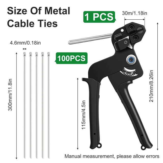 Alt view image 2 of 7 - Professional Metal Zip Tie Tool Kit with 100 Stainless Steel Zip Ties - 11.8 Inch Heavy-Duty Metal Cable Ties & Fastening/Cutting Cable Tie Plier for Fence, Pipe, Exhaust, Vehicle & Outdoor Use