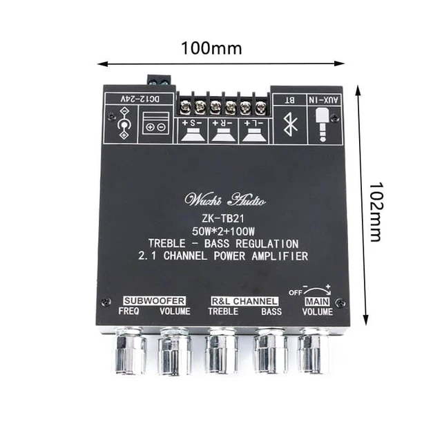 Alt view image 3 of 4 - ZK-TB21 100W+100W 2.1 Channel Bluetooth-Compatible Amplifier Board 200W HiFi Subwoofer Audio AMP with Treble and Bass Control BT 5.0 AUX Inputs DC9-24V for DIY Speakers AMP