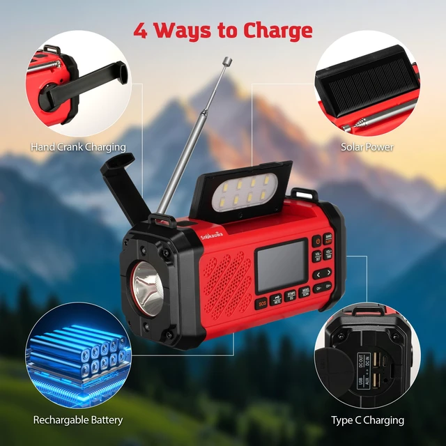 Alt view image 5 of 7 - 10000mAh Emergency Weather Radio, Hand Crank Solar Radio Red Weather NOAA Radio AM FM with USB/Solar Charging Builtin Fashlight, SOS Alarm for Hurricane, Sorm and Camping