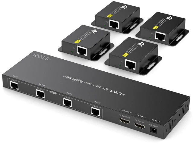 Main image of HDMI Extender Splitter 1x4 HDMI Over Ethernet Splitter 4K30Hz Up to 165ft-1080P Up to 196ft with EDID, HDMI Loop Out Black