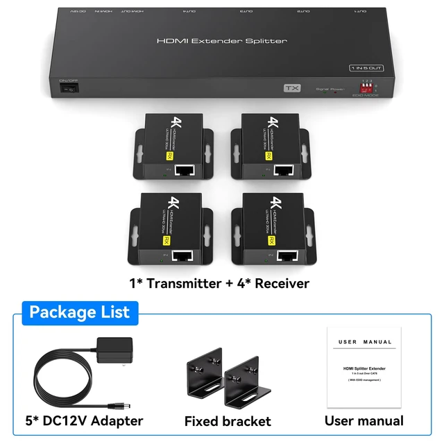 Alt view image 7 of 7 - HDMI Extender Splitter 1x4 HDMI Over Ethernet Splitter 4K30Hz Up to 165ft-1080P Up to 196ft with EDID, HDMI Loop Out Black