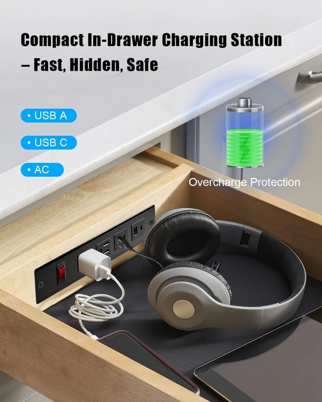 Alt view image 2 of 7 - In Drawer Charging Station with USB C PD 20W, USB-A QC, AC Outlets Hidden Drawer Power Hub With Fast USB Charging, AC Outlets And Cable Management For Clean Kitchen, Bathroom And Office Spaces