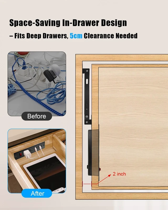 Alt view image 4 of 7 - In Drawer Charging Station with USB C PD 20W, USB-A QC, AC Outlets Hidden Drawer Power Hub With Fast USB Charging, AC Outlets And Cable Management For Clean Kitchen, Bathroom And Office Spaces