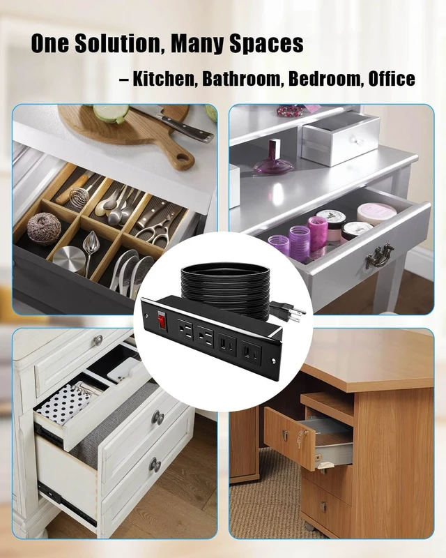 Alt view image 5 of 7 - In Drawer Charging Station with USB C PD 20W, USB-A QC, AC Outlets Hidden Drawer Power Hub With Fast USB Charging, AC Outlets And Cable Management For Clean Kitchen, Bathroom And Office Spaces