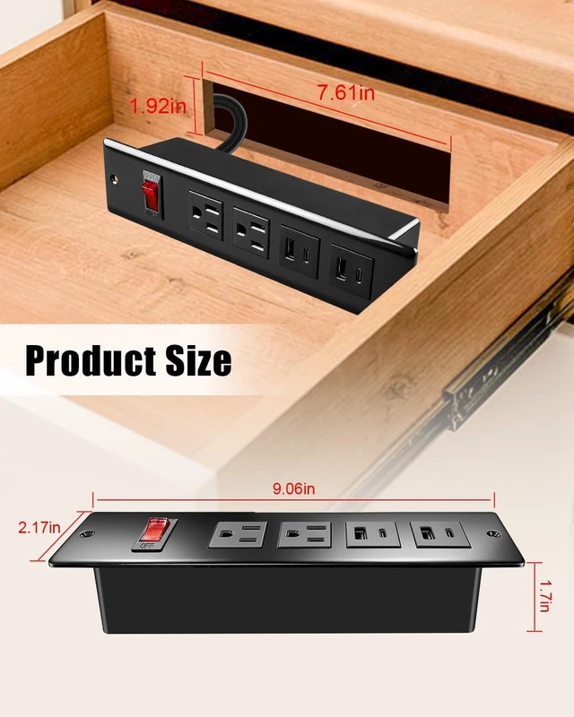 Alt view image 7 of 7 - In Drawer Charging Station with USB C PD 20W, USB-A QC, AC Outlets Hidden Drawer Power Hub With Fast USB Charging, AC Outlets And Cable Management For Clean Kitchen, Bathroom And Office Spaces