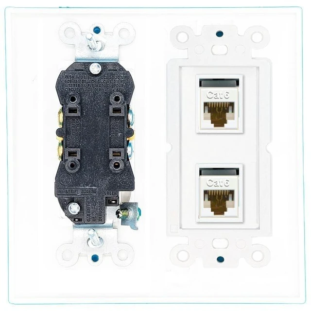 Main image of 15 Amp Duplex Round Power Outlet 2 Port Cat6 Ethernet Wall Plate White (Pack of 2)