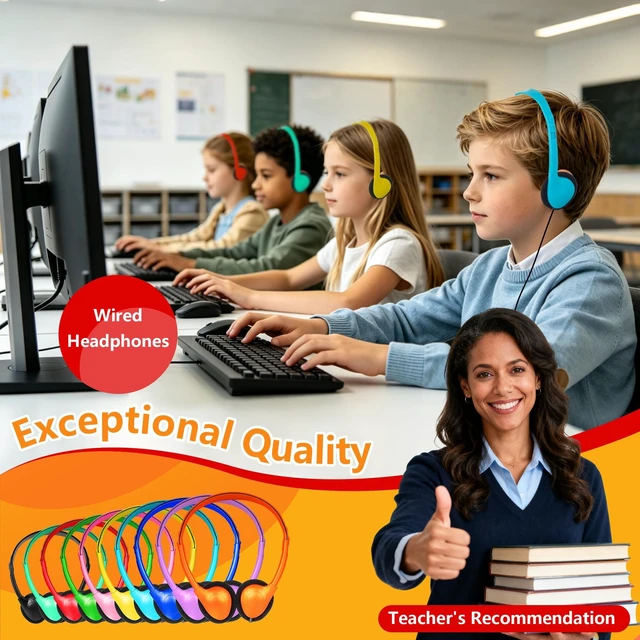 Alt view image 4 of 7 - 20 Pack Bulk Headphones for Classroom 3.5mm Wired On Ear Kids Headphones for School Museum Library, Work with PC Pad Laptop Mixed Colors