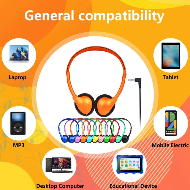 Alt view image 5 of 7 - 20 Pack Bulk Headphones for Classroom 3.5mm Wired On Ear Kids Headphones for School Museum Library, Work with PC Pad Laptop Mixed Colors
