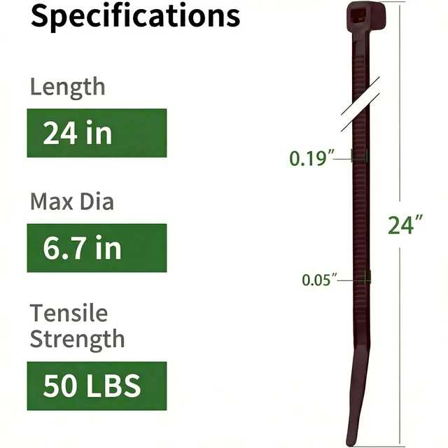 Alt view image 2 of 7 - 24 Inch Long Zip Ties Brown Color 60 Pack, Heavy Duty Outdoor 24"brown cable zip tie 50 lbs, weather-resistant outdoor use. Big Wire Tie Self-locking Plastic Garland Tie Plant Garden Home