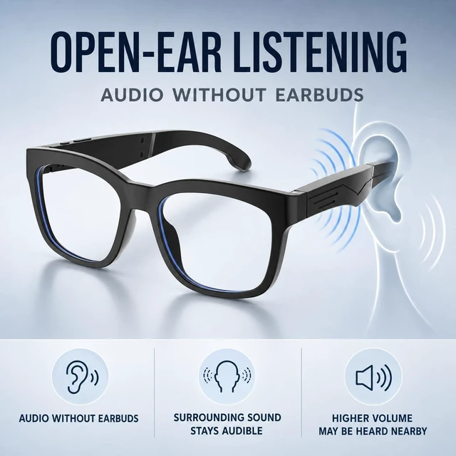 Alt view image 7 of 7 - Bluetooth Audio Glasses, Blue Light Lenses, Large Black Frame