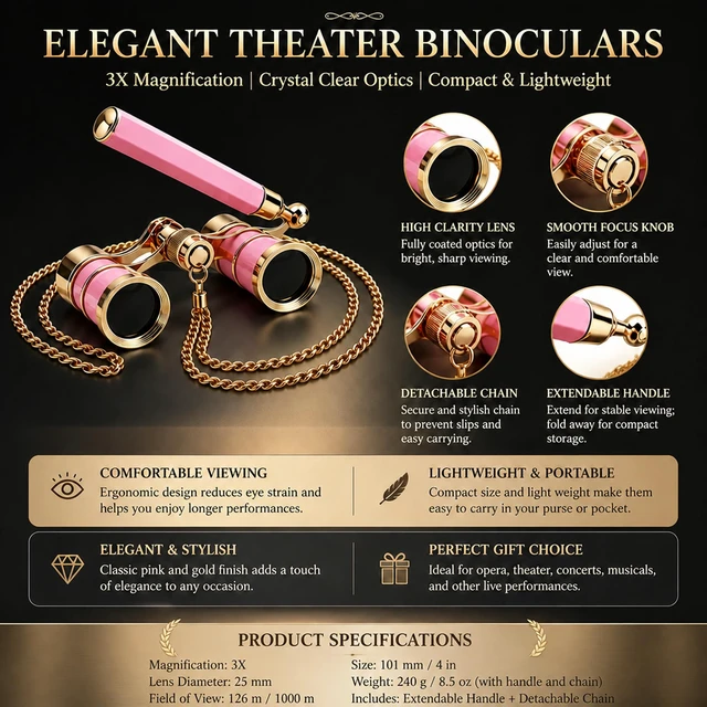 Alt view image 2 of 4 - Opera Glasses 3X25 Theater Binoculars, Pink with Handle Foldable and Extendable Handle, Mini Binocular Compact Lightweight, Portable Theater Glasses, For Adults Kids Women