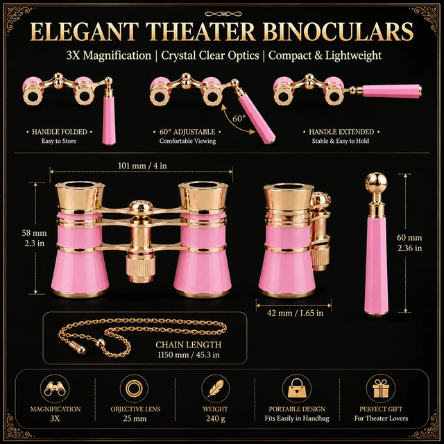 Alt view image 3 of 4 - Opera Glasses 3X25 Theater Binoculars, Pink with Handle Foldable and Extendable Handle, Mini Binocular Compact Lightweight, Portable Theater Glasses, For Adults Kids Women
