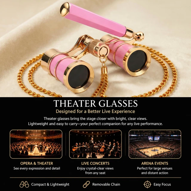 Alt view image 4 of 4 - Opera Glasses 3X25 Theater Binoculars, Pink with Handle Foldable and Extendable Handle, Mini Binocular Compact Lightweight, Portable Theater Glasses, For Adults Kids Women