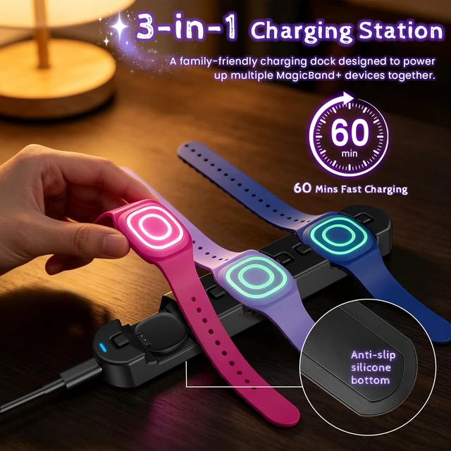Alt view image 2 of 7 - 3-in-1 Charging Station for MagicBand+ Magic Band Plus, Fast Charge Hub 60-Min Fast Charging for 3 Bands, Click-to-Lock Secure Design, USB-C Travel Hub for Disney Land/Disney World Families
