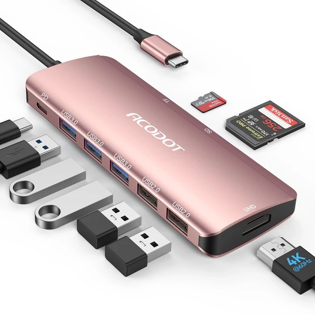 Main image of USB C Hub, 9-in-1 Multi-Port USB Adapter, 4K@60Hz HDMI, 100W Max PD, 3 USB3.0(5Gbps) + 2 USB2.0 Data Ports, SD/TF Card Reader for MacBook, iPad Pro, Dell, HP, Lenovo, Windows Laptop, Rose Gold
