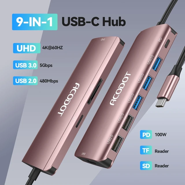 Alt view image 2 of 7 - USB C Hub, 9-in-1 Multi-Port USB Adapter, 4K@60Hz HDMI, 100W Max PD, 3 USB3.0(5Gbps) + 2 USB2.0 Data Ports, SD/TF Card Reader for MacBook, iPad Pro, Dell, HP, Lenovo, Windows Laptop, Rose Gold