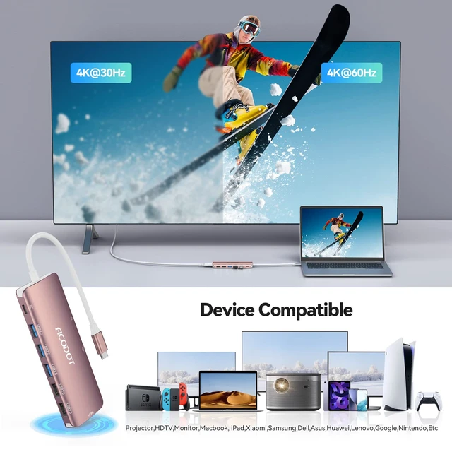 Alt view image 3 of 7 - USB C Hub, 9-in-1 Multi-Port USB Adapter, 4K@60Hz HDMI, 100W Max PD, 3 USB3.0(5Gbps) + 2 USB2.0 Data Ports, SD/TF Card Reader for MacBook, iPad Pro, Dell, HP, Lenovo, Windows Laptop, Rose Gold