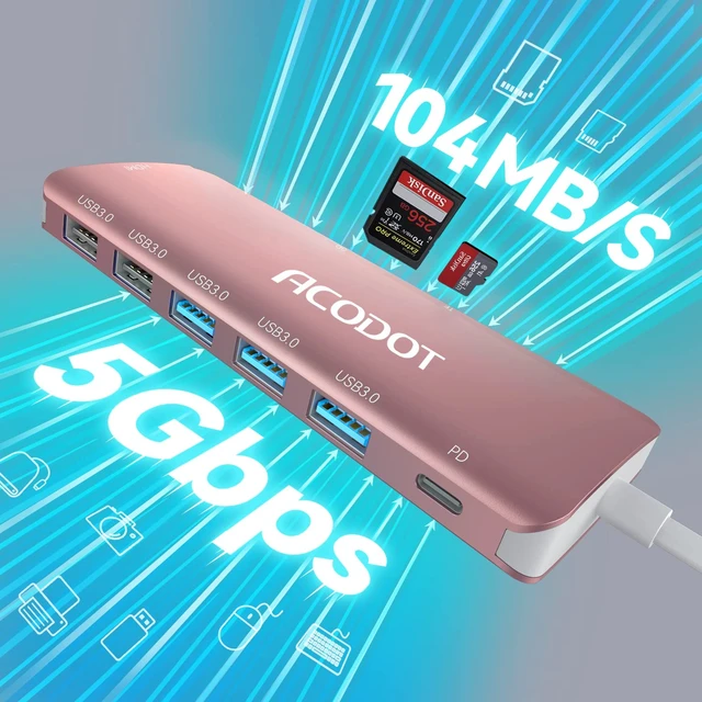 Alt view image 4 of 7 - USB C Hub, 9-in-1 Multi-Port USB Adapter, 4K@60Hz HDMI, 100W Max PD, 3 USB3.0(5Gbps) + 2 USB2.0 Data Ports, SD/TF Card Reader for MacBook, iPad Pro, Dell, HP, Lenovo, Windows Laptop, Rose Gold