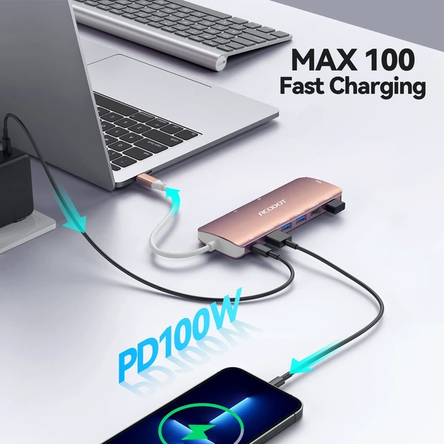 Alt view image 6 of 7 - USB C Hub, 9-in-1 Multi-Port USB Adapter, 4K@60Hz HDMI, 100W Max PD, 3 USB3.0(5Gbps) + 2 USB2.0 Data Ports, SD/TF Card Reader for MacBook, iPad Pro, Dell, HP, Lenovo, Windows Laptop, Rose Gold