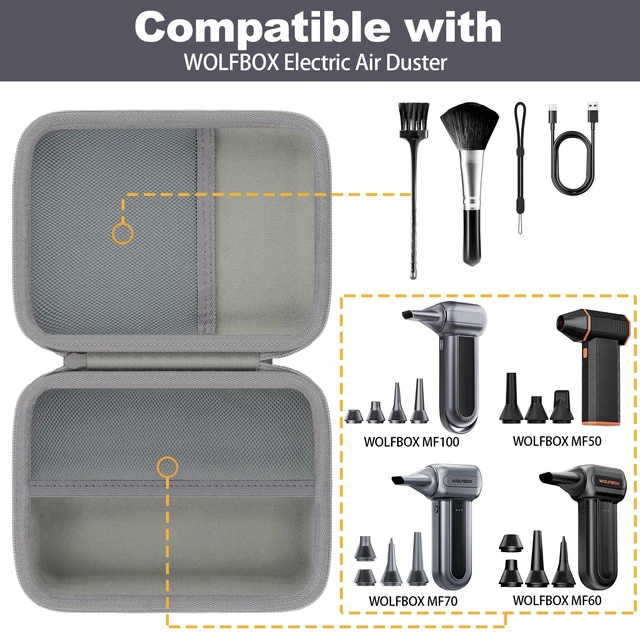Alt view image 4 of 7 - Hard Storage Case for WOLFBOX MF100/MF50/MF60/70 Electric Air Duster Shockproof, Anti-crush, Mesh Pocket, Accessory storage, Not losing accessories, Protective Storage Box, Gray Case