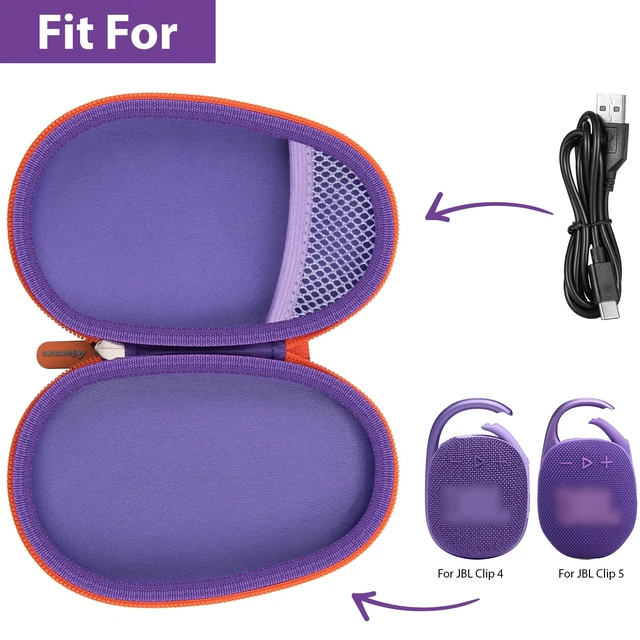 Alt view image 2 of 7 - Carrying Case for JBL Clip 5 and for JBL Clip 4 Speaker Shock-Absorbing Shell, Mesh Pocket, Carabiner and Wrist Strap Keep Speaker Gear Protected and Ready to Go, Purple, Case Only