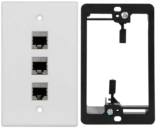 Main image of Ethernet Wall Plate + Mounting Bracket, Cat6A 3 Ports, White, 1 Pack 1 Gang Wallplate, Low Voltage Bracket, Full Metal Shielded Cat6A RJ45 Jack, for Cat5, Cat5e, Cat6, Cat6A Networking Cable