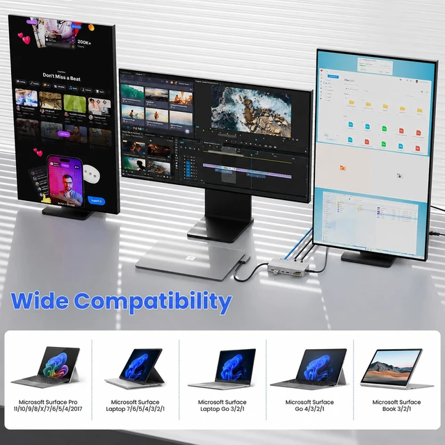 Alt view image 4 of 7 - Surface Docking Station, Triple Display with Dual 4K HDMI & VGA Power Adapter Included, Compatible with Microsoft Surface Pro 11/10/9/8/X/7+/7/6/5/4/3, Laptop 7/6/5/4/3/2/1, Go/Book