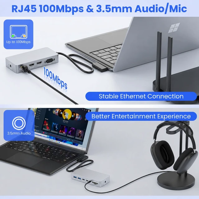 Alt view image 5 of 7 - Surface Docking Station, Triple Display with Dual 4K HDMI & VGA Power Adapter Included, Compatible with Microsoft Surface Pro 11/10/9/8/X/7+/7/6/5/4/3, Laptop 7/6/5/4/3/2/1, Go/Book