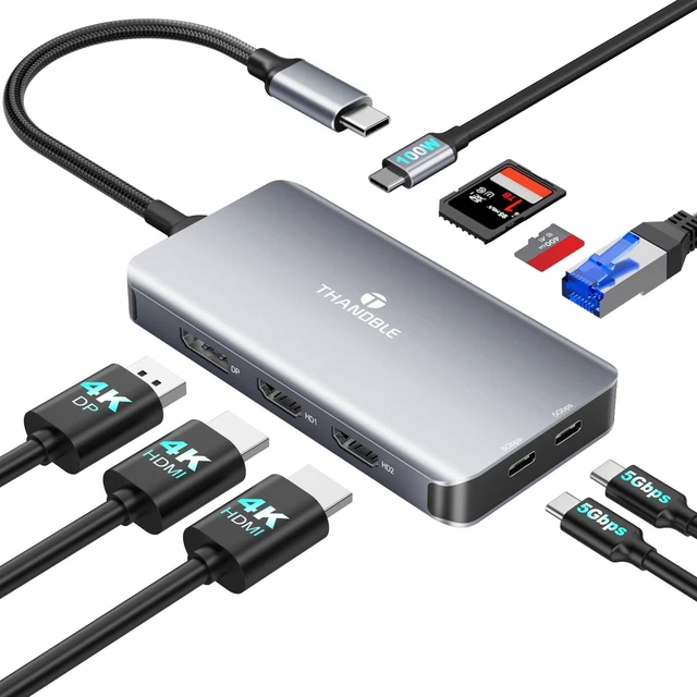 Main image of USB C Docking Station Dual Monitor, 9 in 1 Laptop Docking Station Triple Monitor, 4K@60Hz USB C Hub Dual HDMI and DisplayPort, 1000Mbps LAN, 5Gbps USB-C, 100W PD, SD/TF for HP/Dell/Laptop