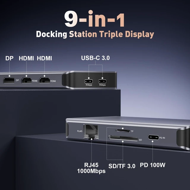 Alt view image 2 of 7 - USB C Docking Station Dual Monitor, 9 in 1 Laptop Docking Station Triple Monitor, 4K@60Hz USB C Hub Dual HDMI and DisplayPort, 1000Mbps LAN, 5Gbps USB-C, 100W PD, SD/TF for HP/Dell/Laptop
