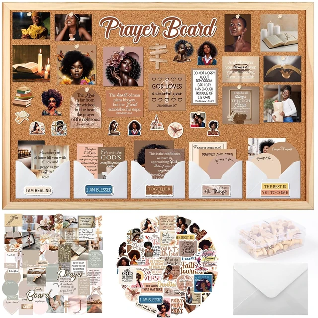 Main image of Black Women Prayer Board Kit - 162 Pcs Prayer Board Stickers Supplies with Pins Envelope Bible Verse Quotes Cards, Motivational Scrapbook Stickers, Bible Study Supplies (Not Including Board)