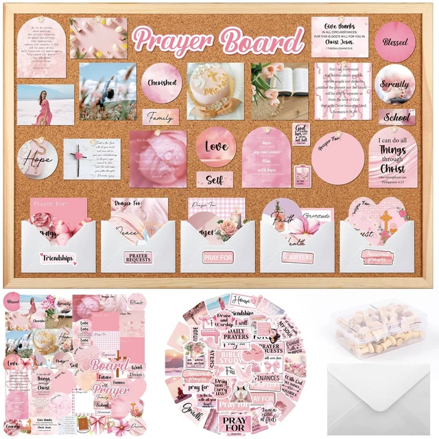 Main image of 164 Pcs Bible Verse Prayer Board Kit Pink Prayer Board Supplies 50 Prayer Stickers, 50 Pins, 58 Bible Verse Quotes Cards, 6 Envelope, Bible Study Supplies for Women, Not Included Board