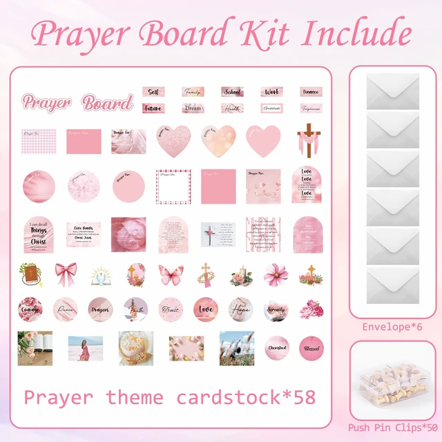 Alt view image 2 of 7 - 164 Pcs Bible Verse Prayer Board Kit Pink Prayer Board Supplies 50 Prayer Stickers, 50 Pins, 58 Bible Verse Quotes Cards, 6 Envelope, Bible Study Supplies for Women, Not Included Board