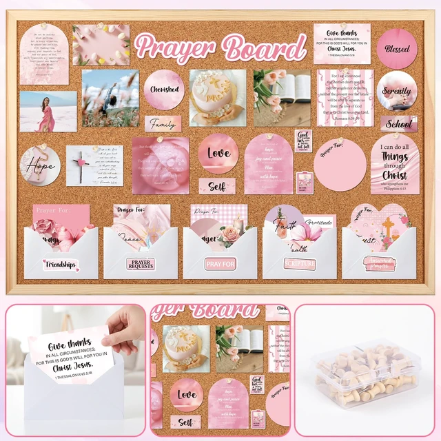 Alt view image 4 of 7 - 164 Pcs Bible Verse Prayer Board Kit Pink Prayer Board Supplies 50 Prayer Stickers, 50 Pins, 58 Bible Verse Quotes Cards, 6 Envelope, Bible Study Supplies for Women, Not Included Board