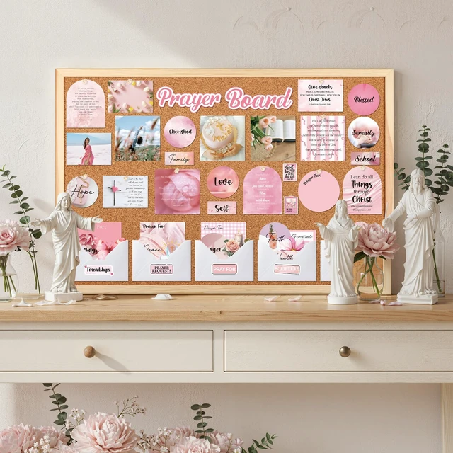 Alt view image 5 of 7 - 164 Pcs Bible Verse Prayer Board Kit Pink Prayer Board Supplies 50 Prayer Stickers, 50 Pins, 58 Bible Verse Quotes Cards, 6 Envelope, Bible Study Supplies for Women, Not Included Board