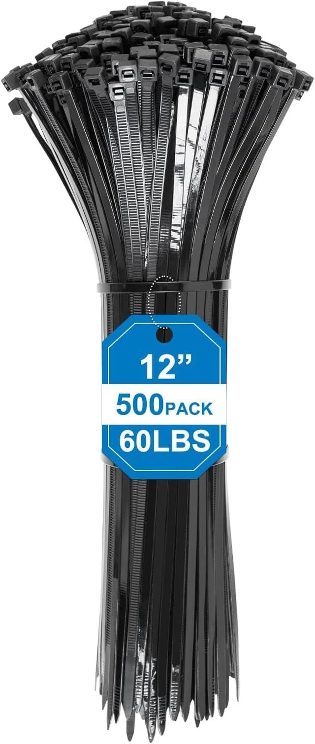 Main image of Zip Ties 12 Inch -500 Pcs Black Cable Ties for Indoor and Outdoor Use Black Zip Ties 60lbs Tensile Strength, Self-Locking Cable Ties, UV Resistant Flame Retardant, Nylon Zipties Cable Management