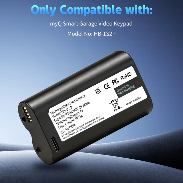 Alt view image 3 of 7 - 2Pack 7200mAh Battery Replacement for myQ Smart Garage Video Keypad Rechargeable Lithium Battery for myq Video Keypad, Type-C Fast Charging & Extreme Temperature Tolerance