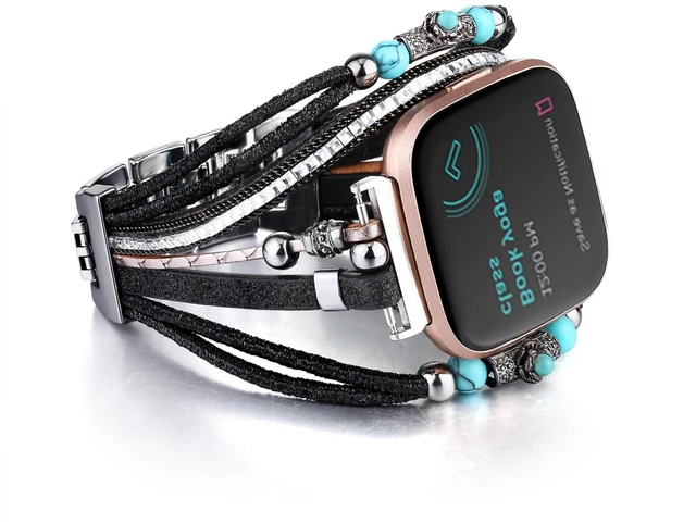 Main image of Leather Bracelet Compatible with Fitbit Versa 4/Versa 3 Bands/Sense 2/Sense Bands for Women, Multilayer Wrap Boho Strap Wristband for Fitbit Smartwatch (Black/Silver/Gold/Pink)