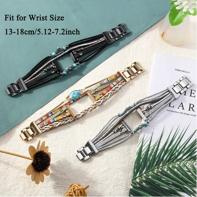 Alt view image 3 of 6 - Leather Bracelet Compatible with Fitbit Versa 4/Versa 3 Bands/Sense 2/Sense Bands for Women, Multilayer Wrap Boho Strap Wristband for Fitbit Smartwatch (Black/Silver/Gold/Pink)