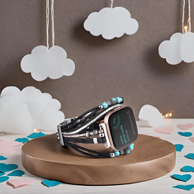 Alt view image 5 of 6 - Leather Bracelet Compatible with Fitbit Versa 4/Versa 3 Bands/Sense 2/Sense Bands for Women, Multilayer Wrap Boho Strap Wristband for Fitbit Smartwatch (Black/Silver/Gold/Pink)