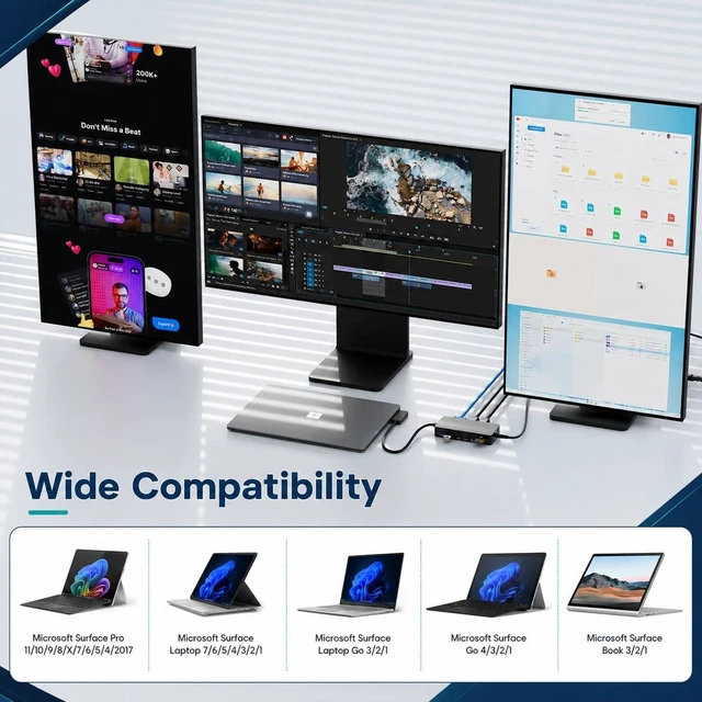 Alt view image 4 of 6 - Surface Docking Station, Triple Display with Dual 4K HDMI & VGA, Power Adapter Included, Compatible with Microsoft Surface Pro 11/10/9/8/X/7+/7/6/5/4/3, Laptop 7/6/5/4/3/2/1, Go/Book