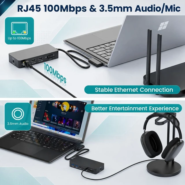 Alt view image 5 of 6 - Surface Docking Station, Triple Display with Dual 4K HDMI & VGA, Power Adapter Included, Compatible with Microsoft Surface Pro 11/10/9/8/X/7+/7/6/5/4/3, Laptop 7/6/5/4/3/2/1, Go/Book